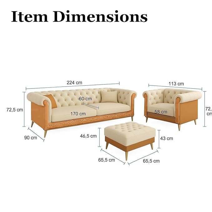 Dimensions of a beige sofa set with ottoman on a white background