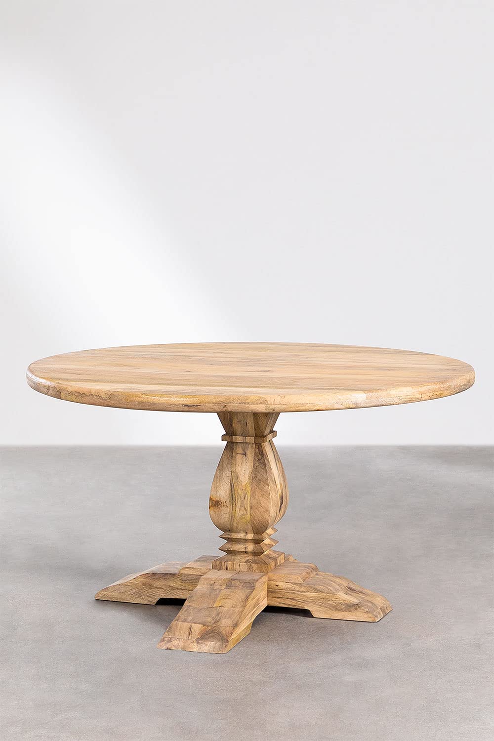 Round Solid Mango Wood Dining Table with French Pedestal Legs, Compact Design, Natural Finish (118 x 118 cm)