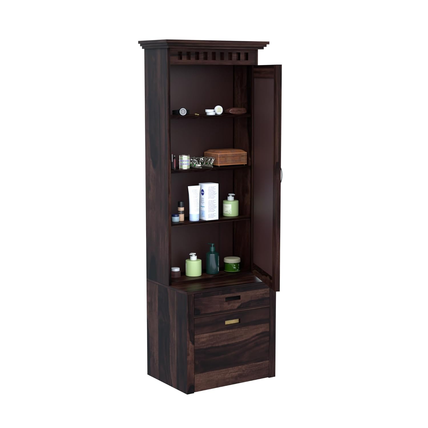 Wooden cabinet with open doors displaying various items on a white background