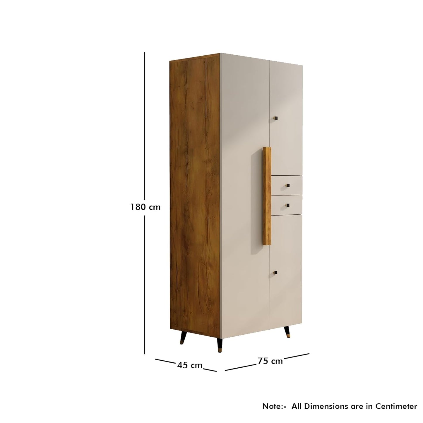Tall wooden wardrobe with dimensions labeled on a white background