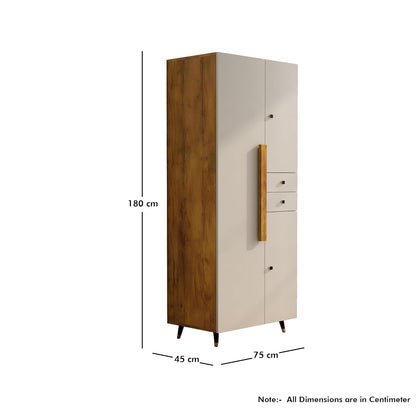 Tall wooden wardrobe with dimensions labeled on a white background