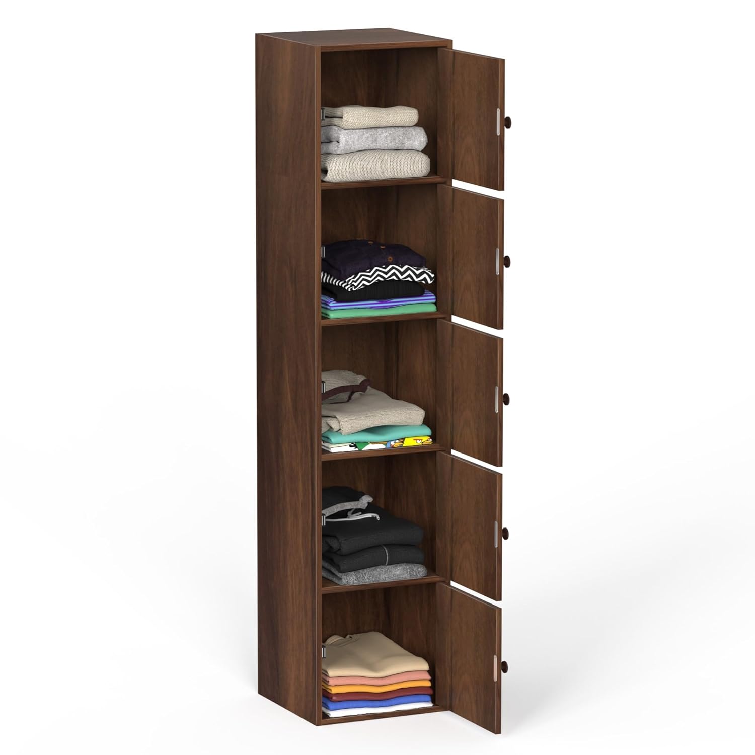 Wooden wardrobe with clothes inside on a white background