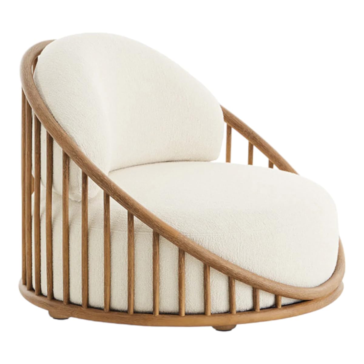 Modern chair with wooden frame and white cushion on a white background