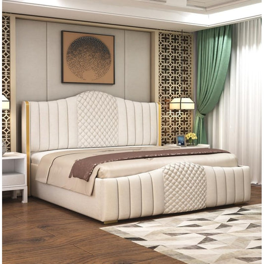 Beige upholstered bed in a stylish bedroom with decorative elements.