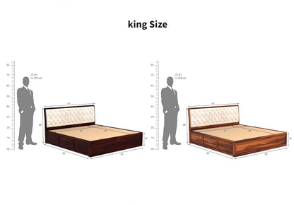King Size Sheesham Wood Bed with Box Storage – Wooden Double Bed with White Upholstered Cushioned Headboard for Bedroom (Teak Finish), Supports Mattress up to 8 Inches