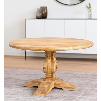 Round Solid Mango Wood Dining Table with French Pedestal Legs, Compact Design, Natural Finish (118 x 118 cm)