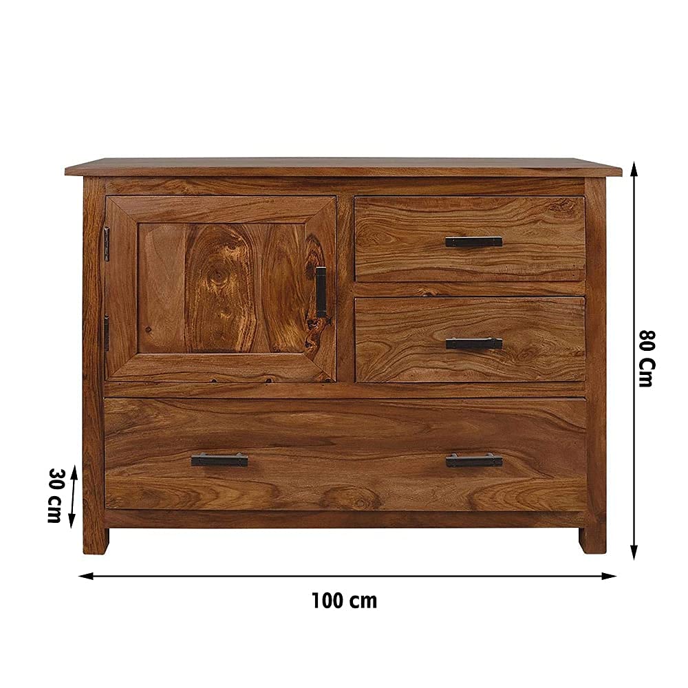Wooden dresser with dimensions indicated on a white background
