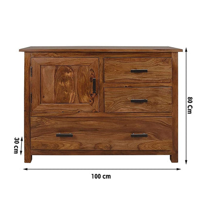 Wooden dresser with dimensions indicated on a white background