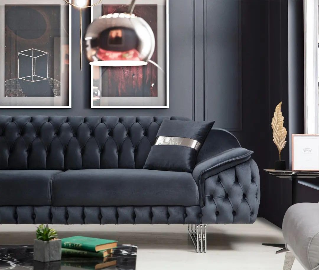 7-Seater Velvet Sofa Set – 3+3+1 Wing Chair in Light Grey, Black & Silver