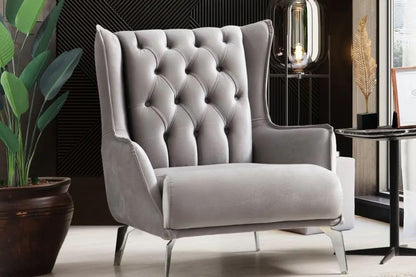 7-Seater Velvet Sofa Set – 3+3+1 Wing Chair in Light Grey, Black & Silver
