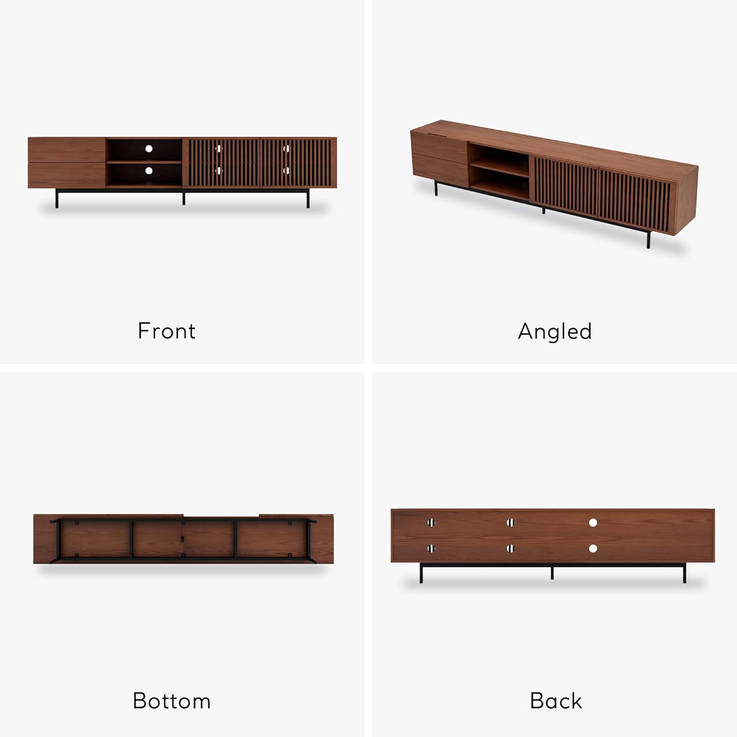 Wooden entertainment console shown from front, angled, bottom, and back perspectives on a white background.