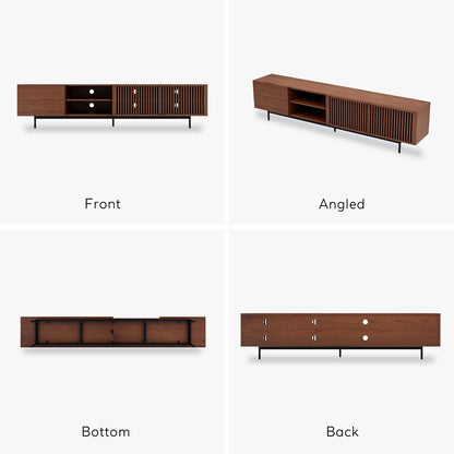 Wooden entertainment console shown from front, angled, bottom, and back perspectives on a white background.