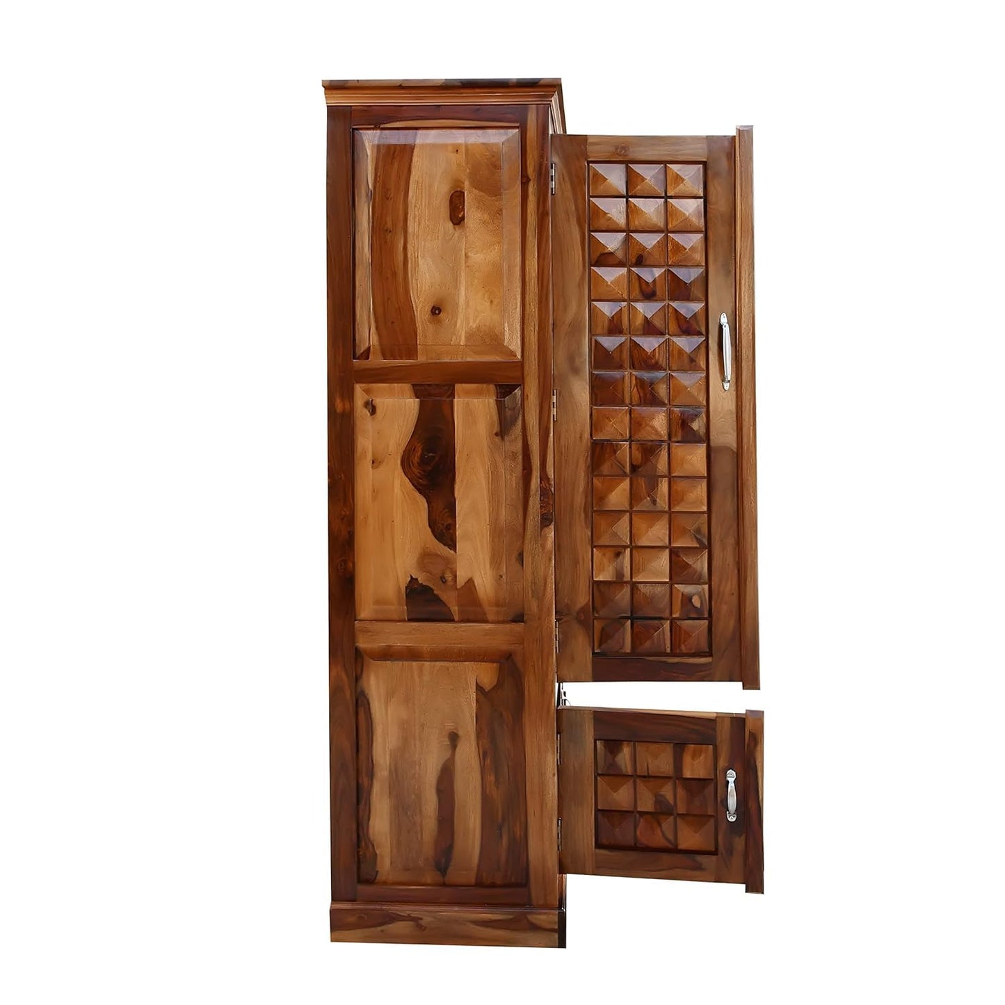 Solid Sheesham Wood 4-Door Wardrobe with Diamond Cut Design – Almirah with 4 Shelves & 2 Drawers (Natural Honey Oak)