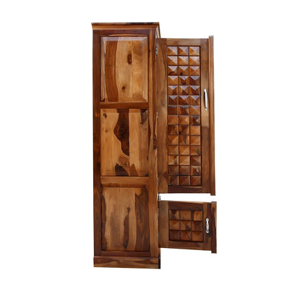 Solid Sheesham Wood 4-Door Wardrobe with Diamond Cut Design – Almirah with 4 Shelves & 2 Drawers (Natural Honey Oak)