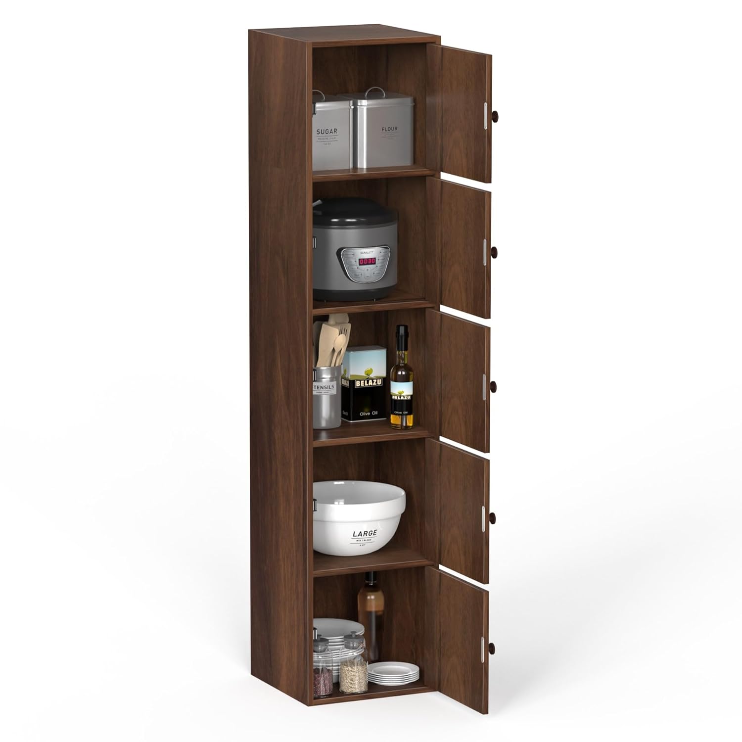 Wooden pantry cabinet with various items on a white background