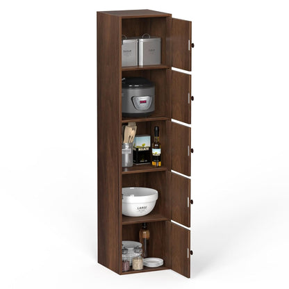 Wooden pantry cabinet with various items on a white background