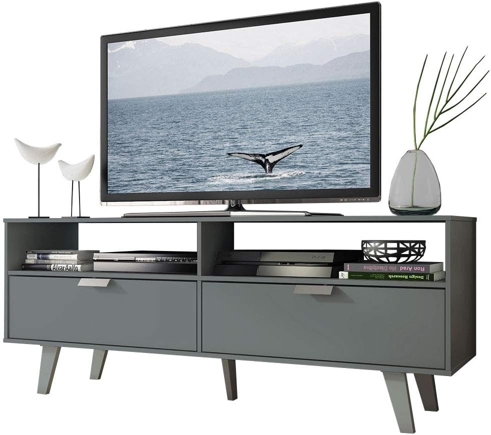 Gray TV stand with a television displaying a whale image, on a white background