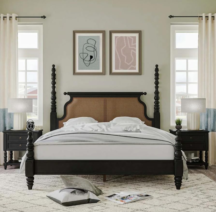 Bedroom with a dark wood bed frame, white bedding, and abstract art on the wall.