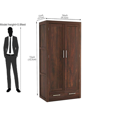 Wooden wardrobe with dimensions indicated by a standing person silhouette on a white background