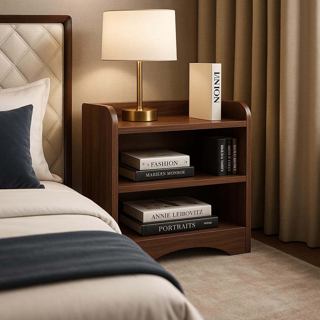 Wooden nightstand with books and a lamp next to a bed in a bedroom setting.