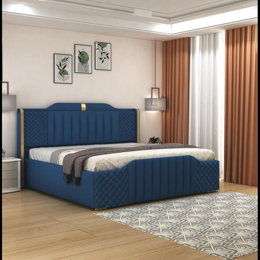 Modern King Size Upholstered Bed with Box Storage | Wooden Platform Double Bed with Premium Fabric Upholstery | 6.5 x 6 Ft Sheesham Wood Cot, Navy Blue