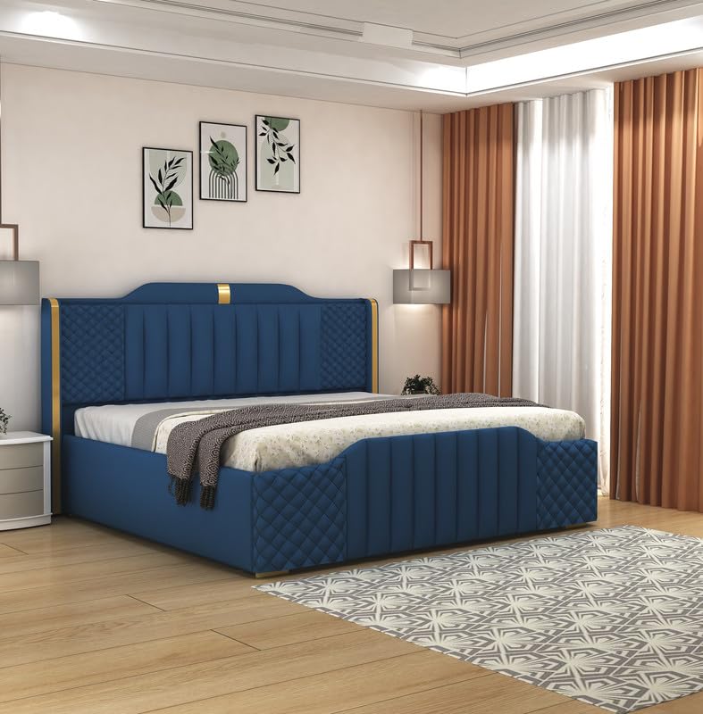Modern King Size Upholstered Bed with Box Storage | Wooden Platform Double Bed with Premium Fabric Upholstery | 6.5 x 6 Ft Sheesham Wood Cot, Navy Blue