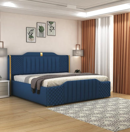 Modern King Size Upholstered Bed with Box Storage | Wooden Platform Double Bed with Premium Fabric Upholstery | 6.5 x 6 Ft Sheesham Wood Cot, Navy Blue