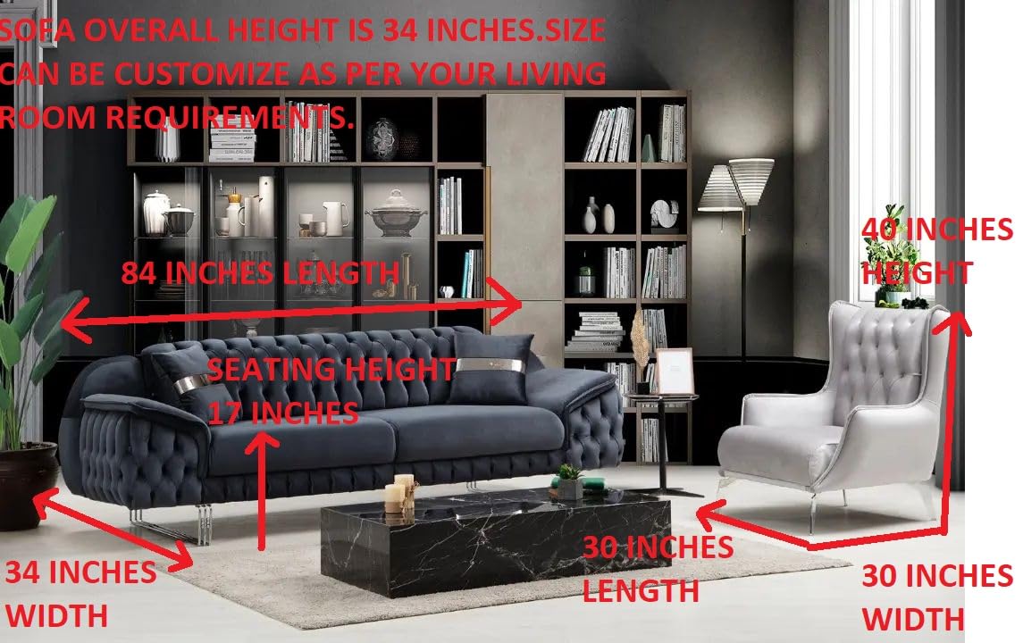 7-Seater Velvet Sofa Set – 3+3+1 Wing Chair in Light Grey, Black & Silver