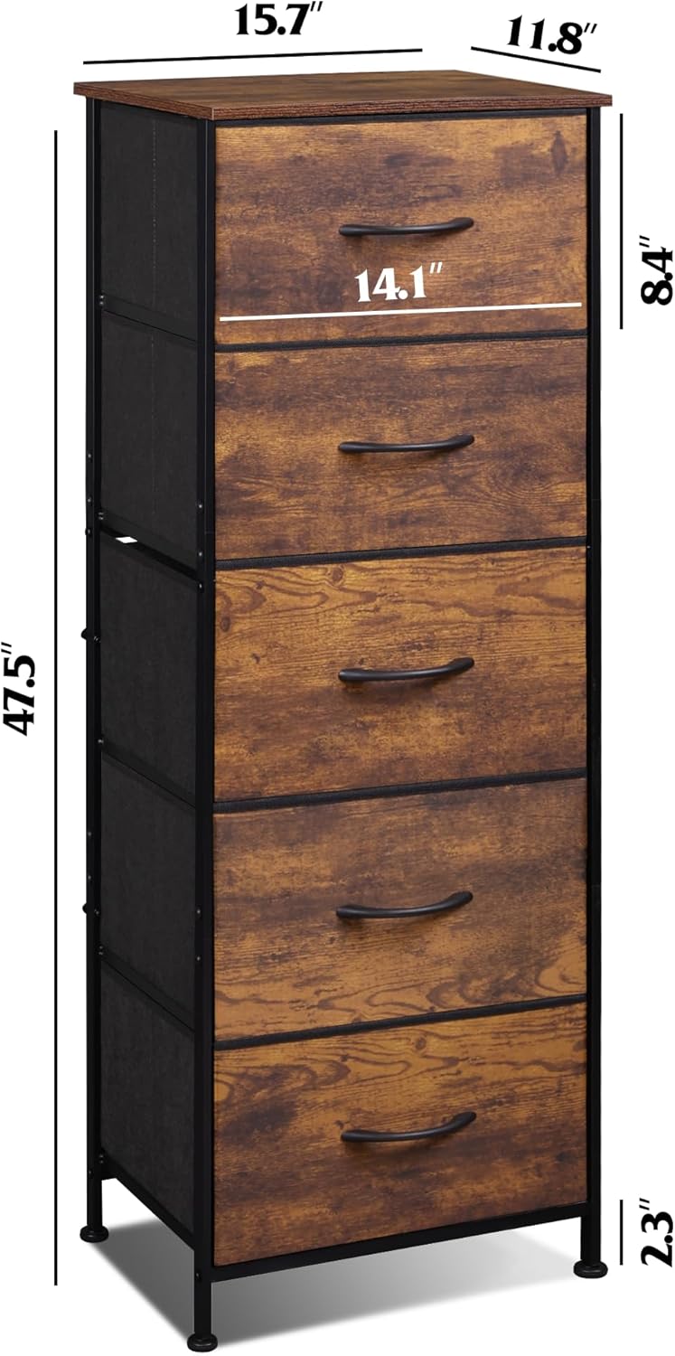 Wooden dresser with five drawers and measurements on a white background
