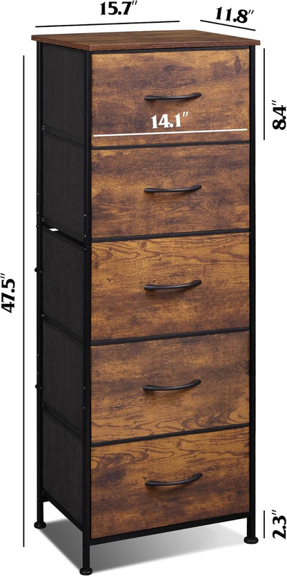 Wooden dresser with five drawers and measurements on a white background