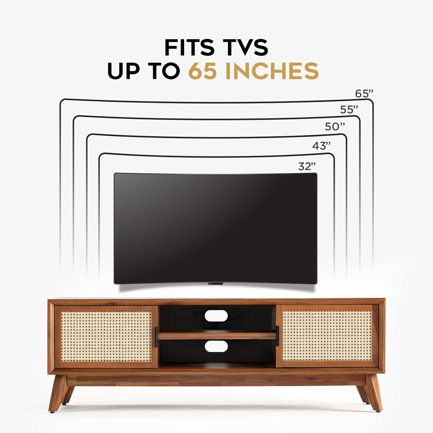 Wooden TV stand with a television on top, showing compatibility for TVs up to 65 inches.