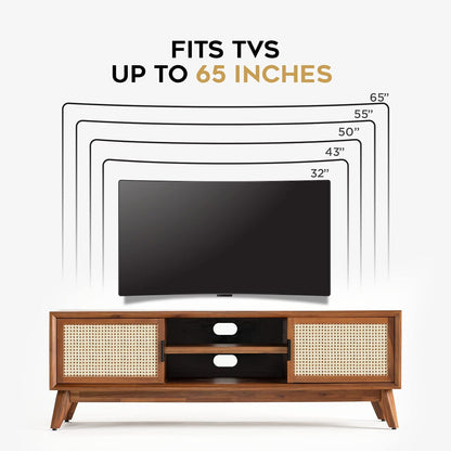 Wooden TV stand with a television on top, showing compatibility for TVs up to 65 inches.