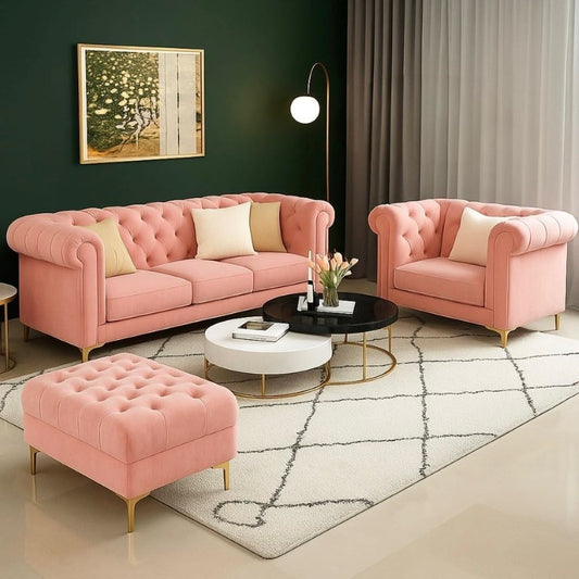 Pink sofa set with ottoman in a stylish living room.