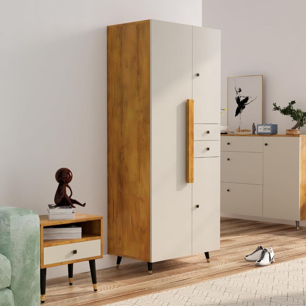 Tall wooden wardrobe in a room with a sofa and side table.