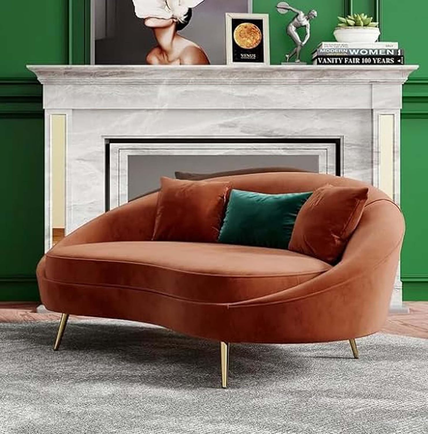 Brown sofa in a living room with a fireplace and decorative items.