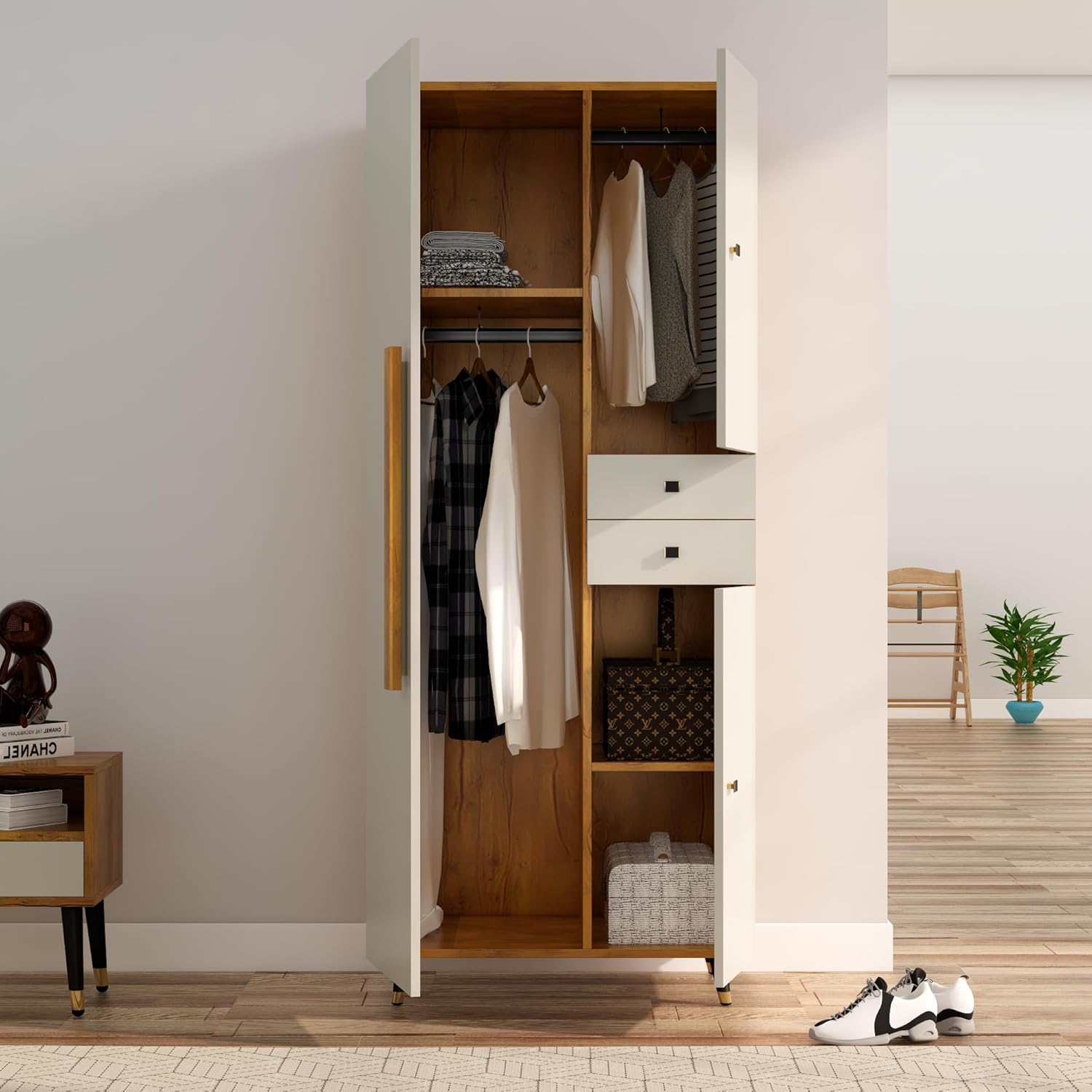 Closet with wooden shelves and clothes, side table with books, and shoes on a wooden floor.