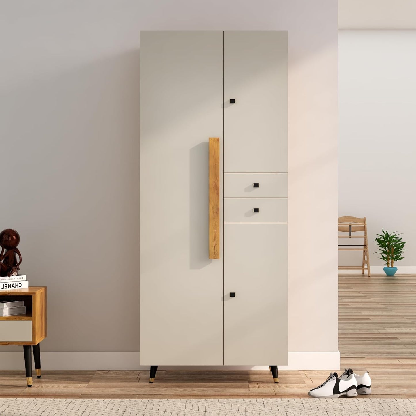 Beige wardrobe with wooden accents in a room setting