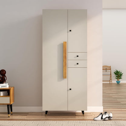 Beige wardrobe with wooden accents in a room setting