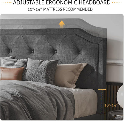 Full Size Upholstered Platform Bed with Curved Rhombic Button-Tufted Headboard – Dark Grey