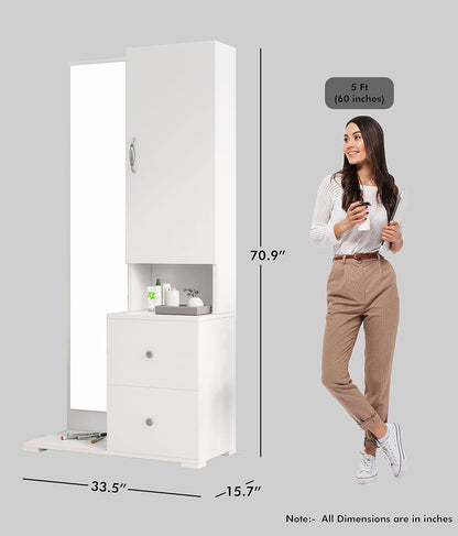 White wall-mounted cabinet with dimensions indicated by a woman standing next to it.