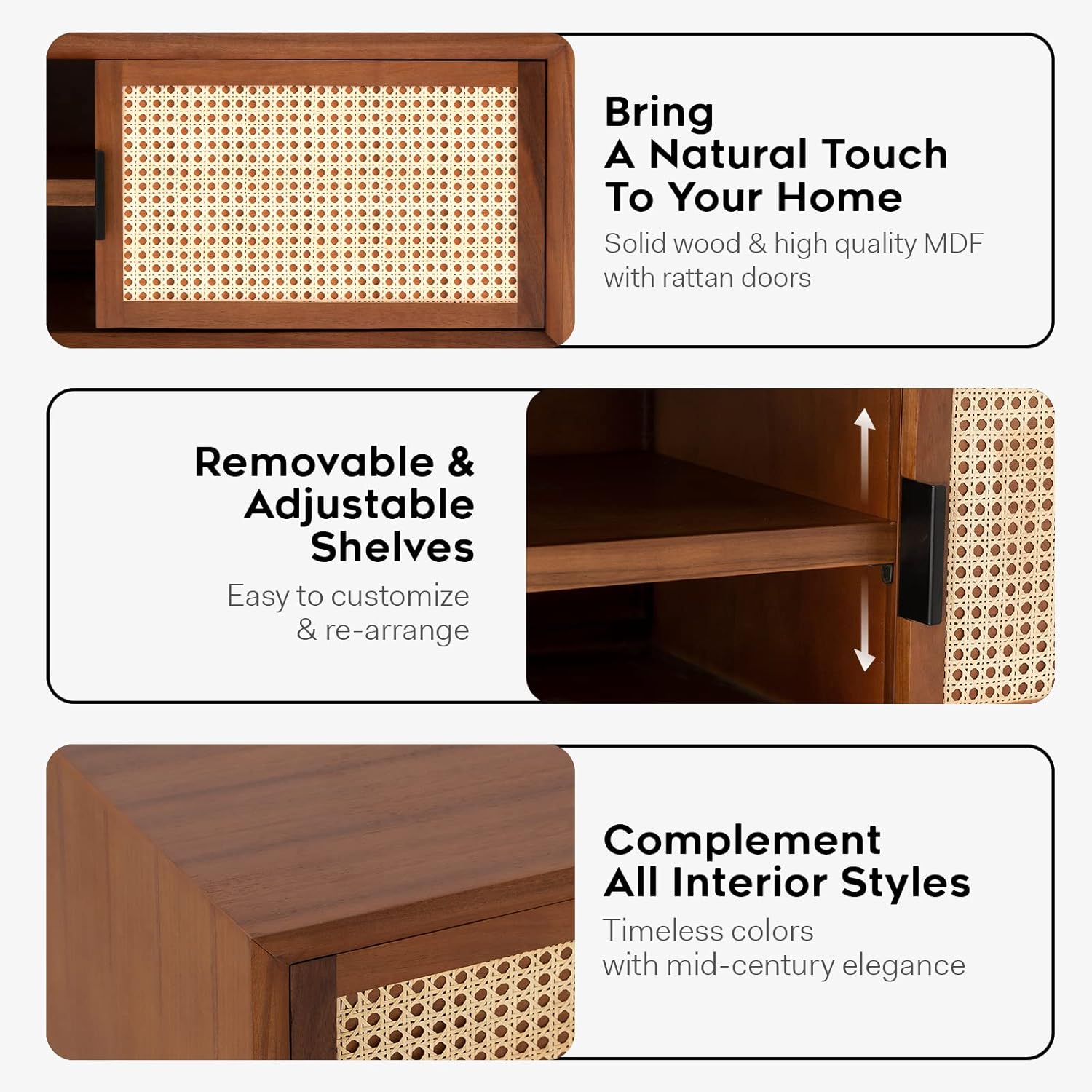 Wooden cabinet with rattan doors and adjustable shelves, featuring text about natural touch and customizable design.
