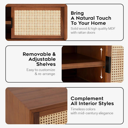 Wooden cabinet with rattan doors and adjustable shelves, featuring text about natural touch and customizable design.