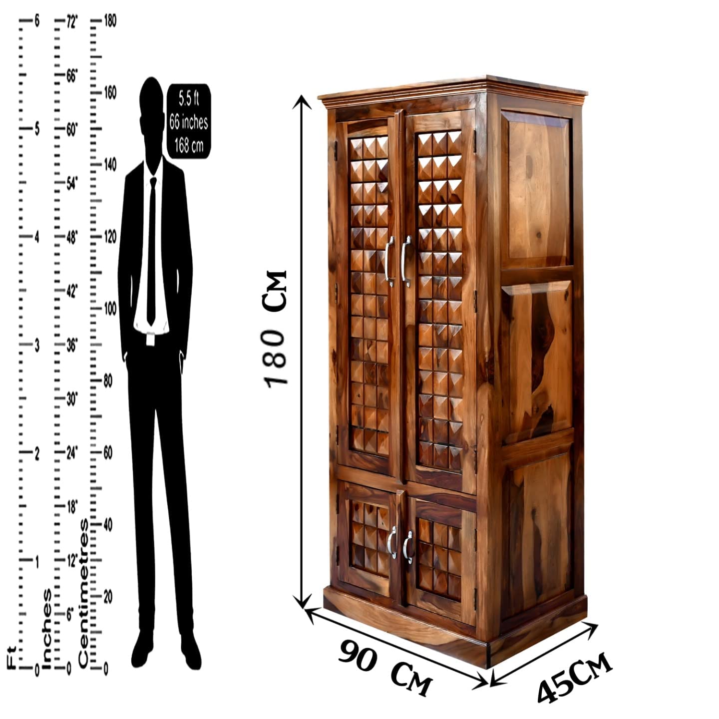 Solid Sheesham Wood 4-Door Wardrobe with Diamond Cut Design – Almirah with 4 Shelves & 2 Drawers (Natural Honey Oak)