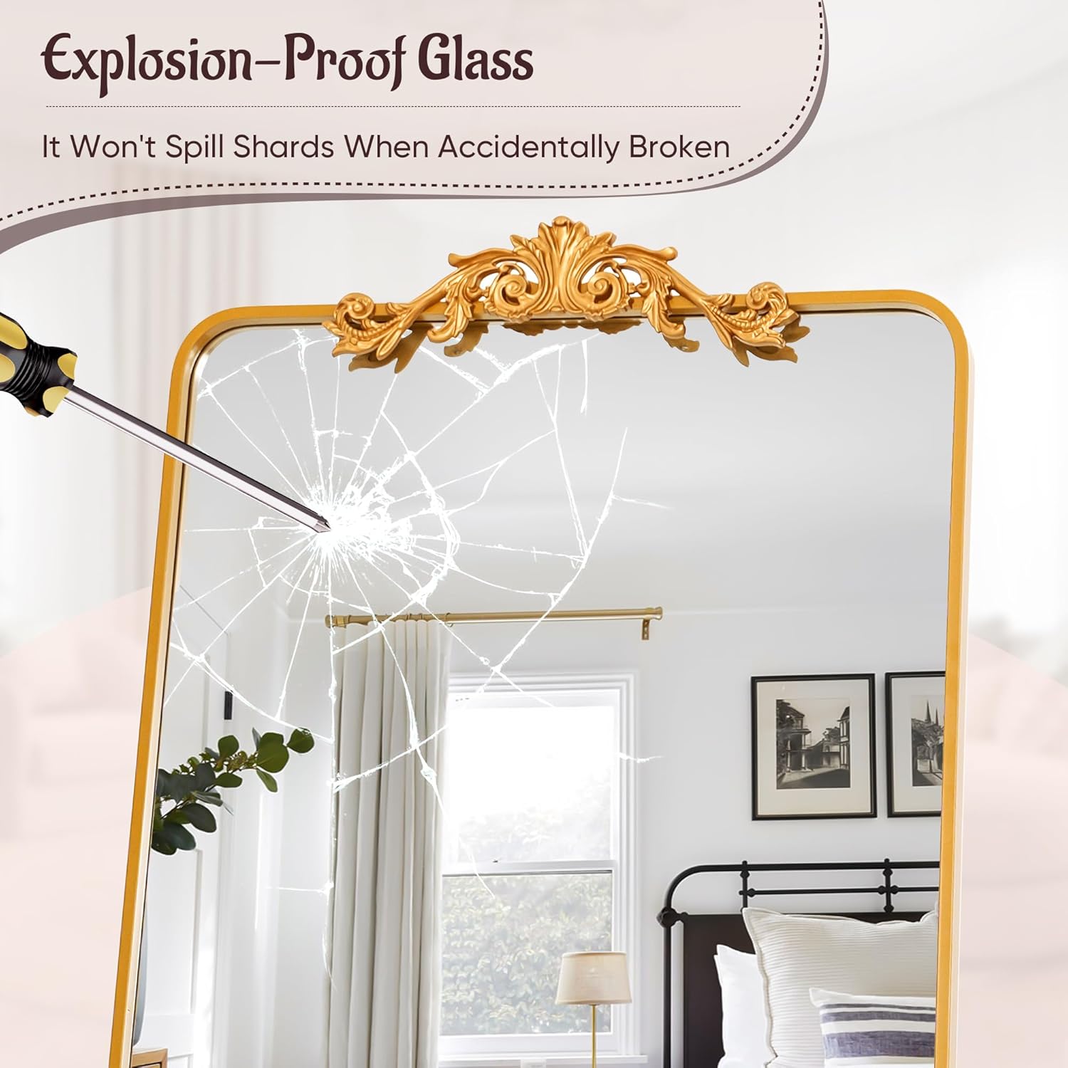 Gold-framed mirror with explosion-proof glass in a room setting