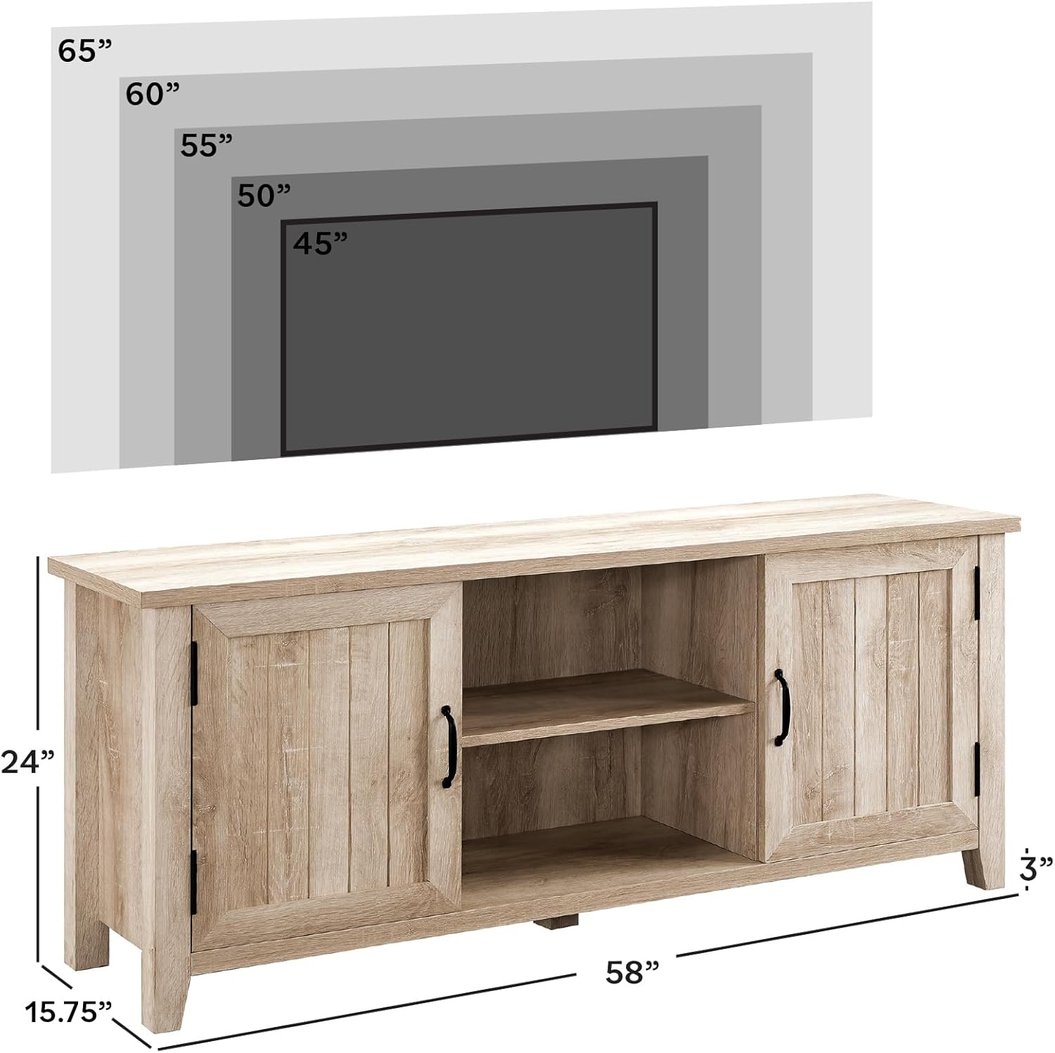 Wooden TV stand with dimensions displayed above a television.