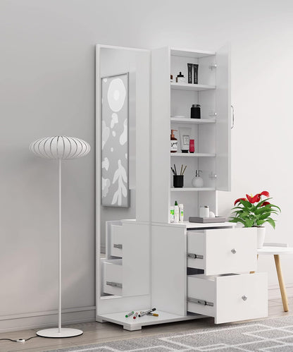 White storage cabinet with shelves and drawers in a room setting.