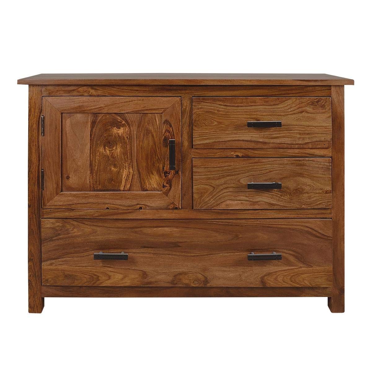 Wooden dresser with a large door and two drawers on a white background