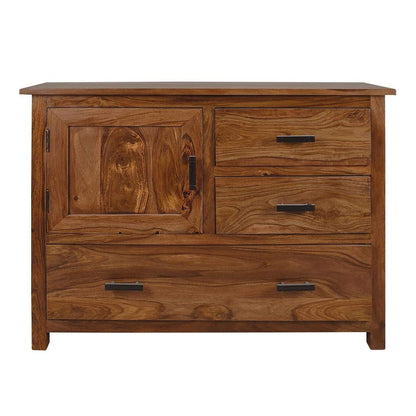 Wooden dresser with a large door and two drawers on a white background