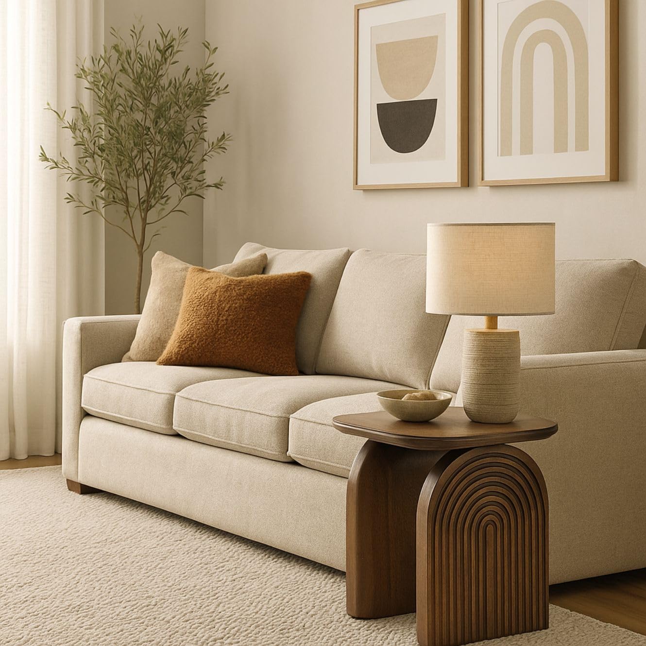 Beige sofa with decorative pillows and a wooden side table in a living room setting.