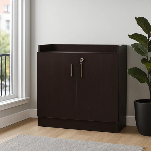Dark brown cabinet with two doors in a room with a window and plant